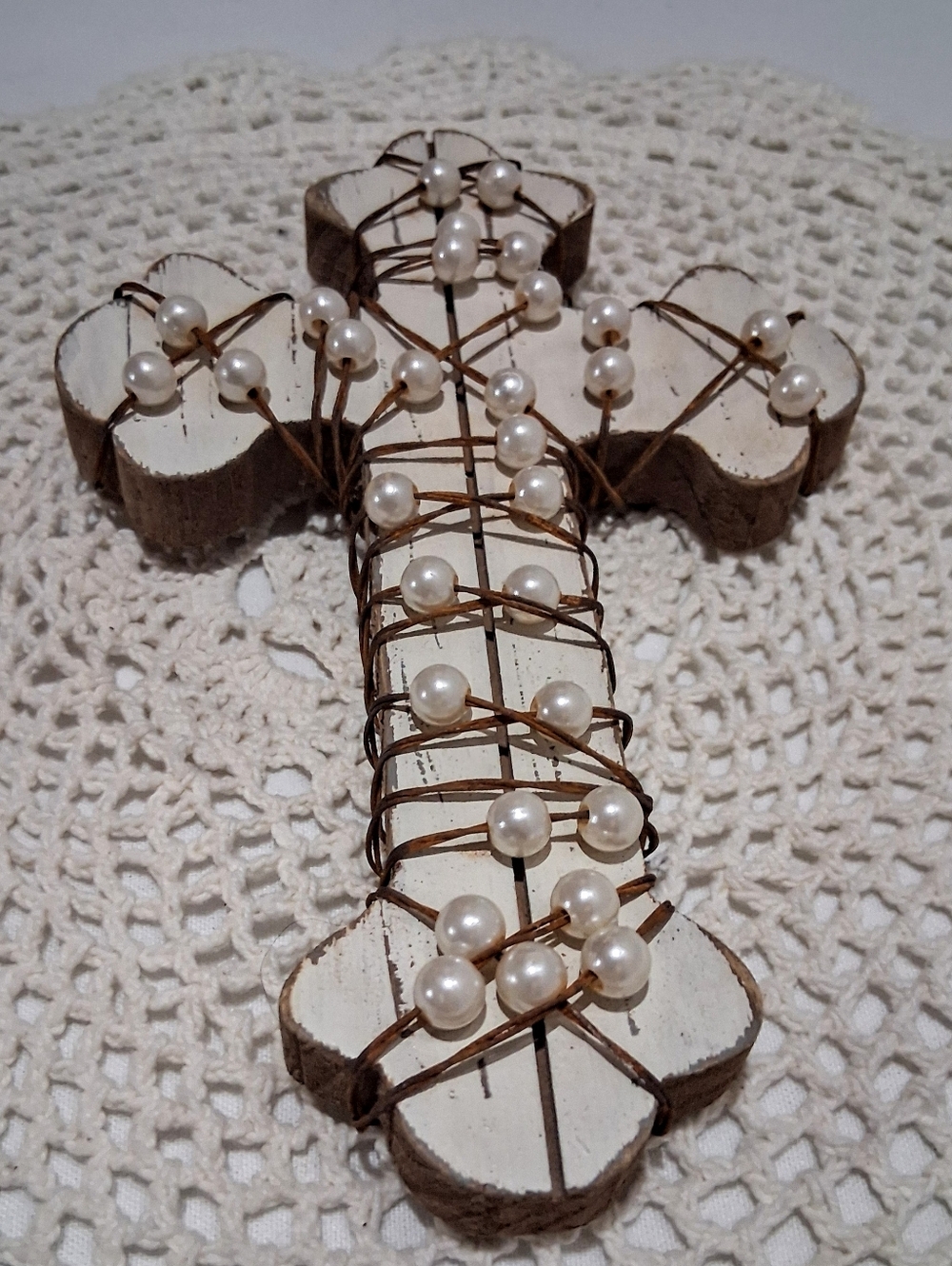 Beaded Rustic White Wooden Cross Wall Hanging - Picture 3 of 8